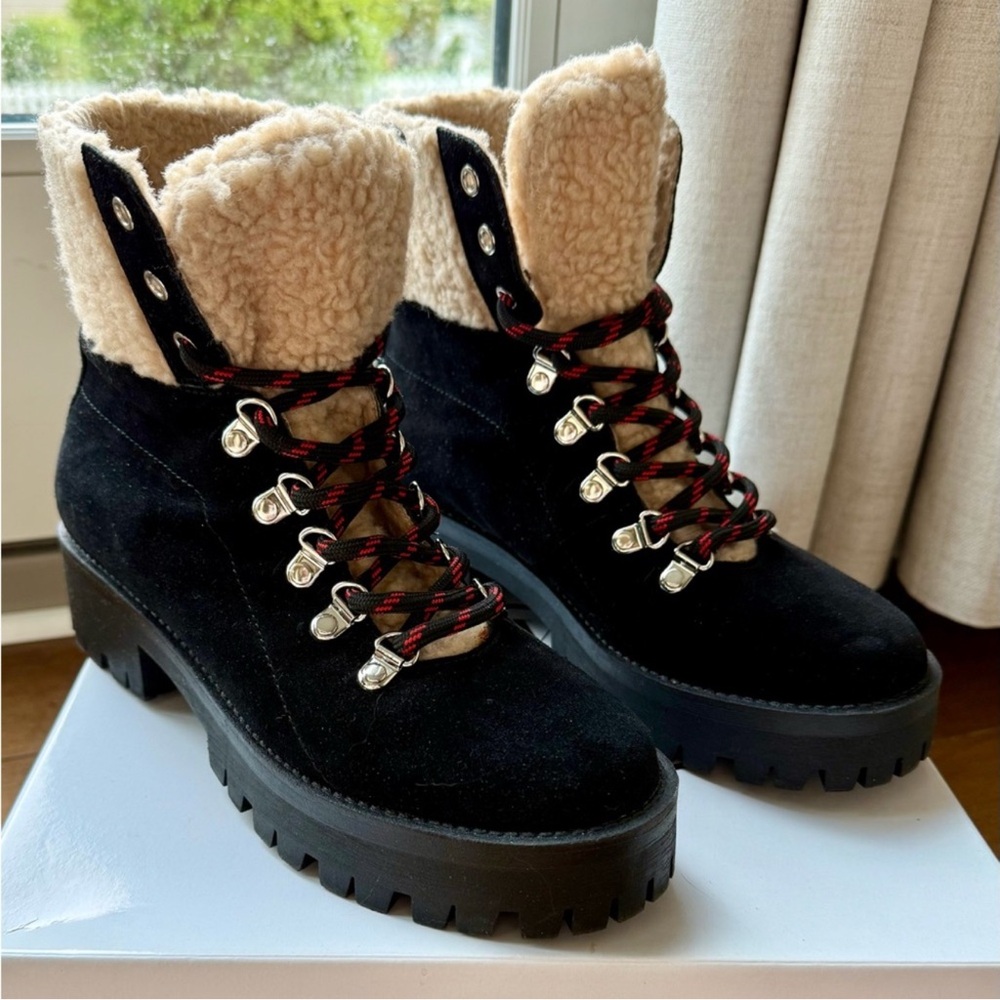 Steve Madden Bitter Black Suede Faux Shearling Lace-Up Booties Size 8